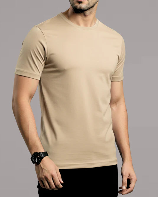 Beige Men's Basic Tee – Jersey Fabric, Classic Fit, Everyday Comfort (Code 1103)