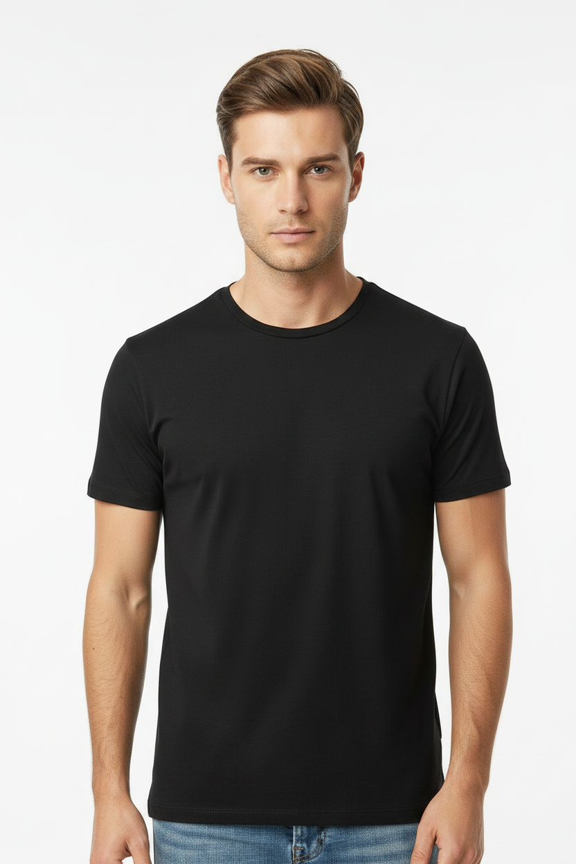 Black t-shirt upper body shot