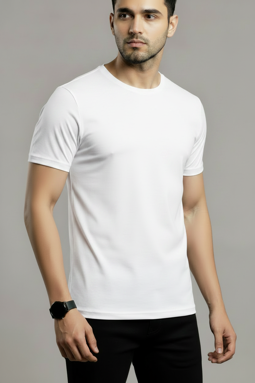 White Men's Basic Tee – Model Photo